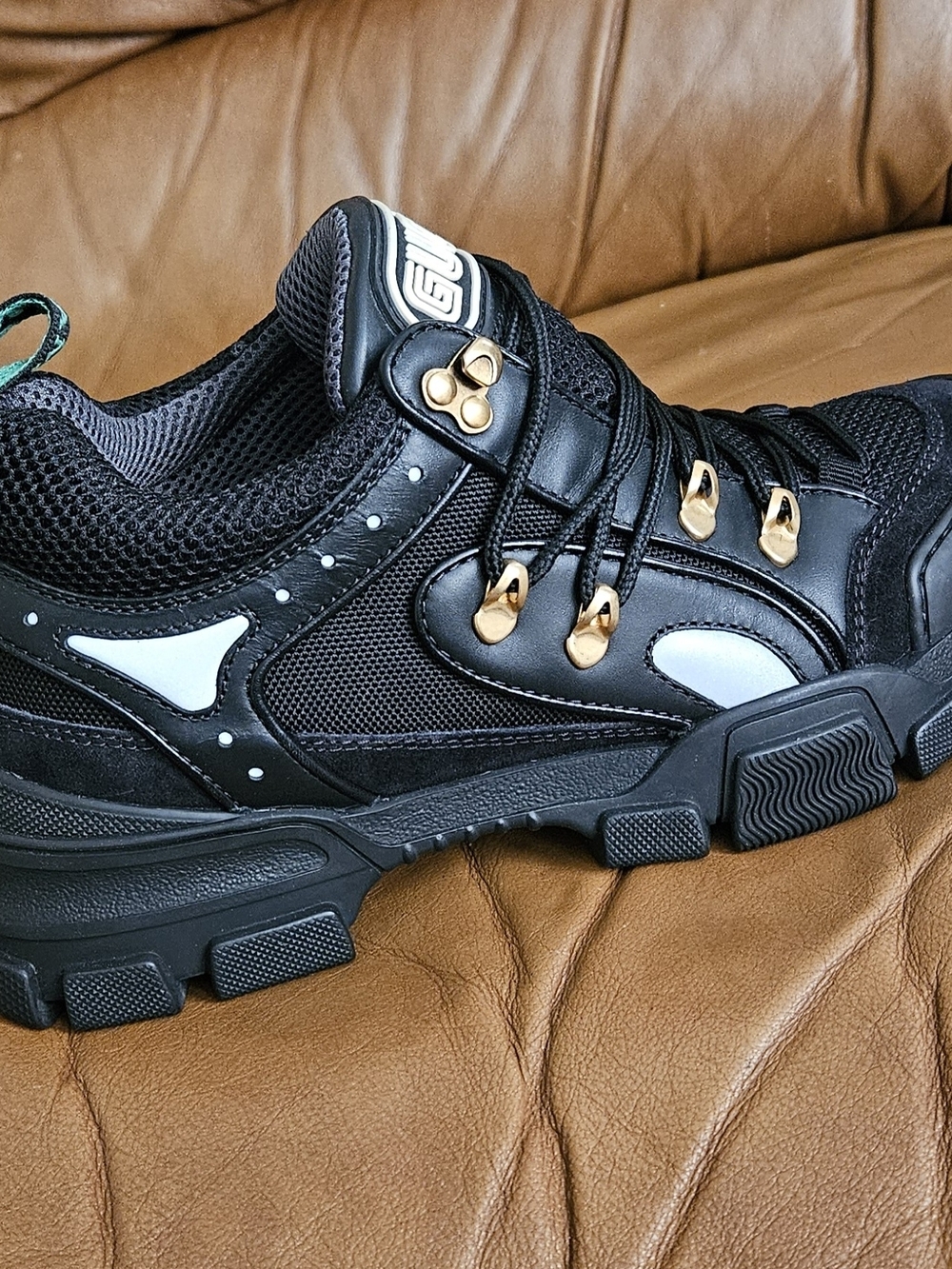 New Men's Gucci Flashtrek Black Leather Chunky Lace-Up Sneakers Size 6 - Picture 9 of 16